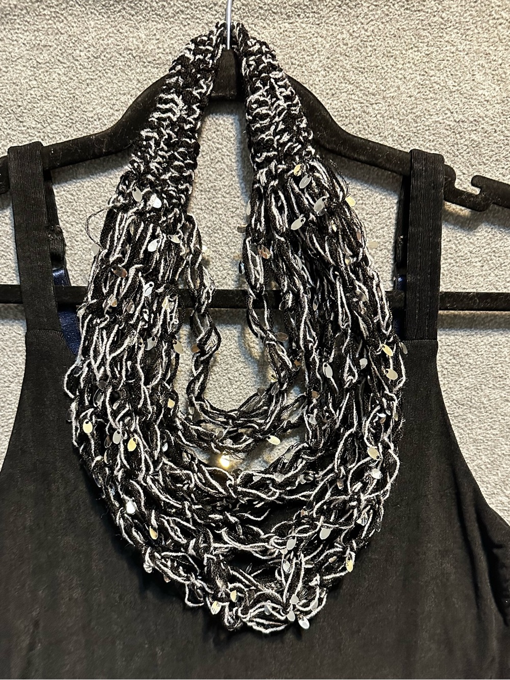 Crochet Ribbon Yarn Multi-Strand Necklace Black With Silver Accent OOAK